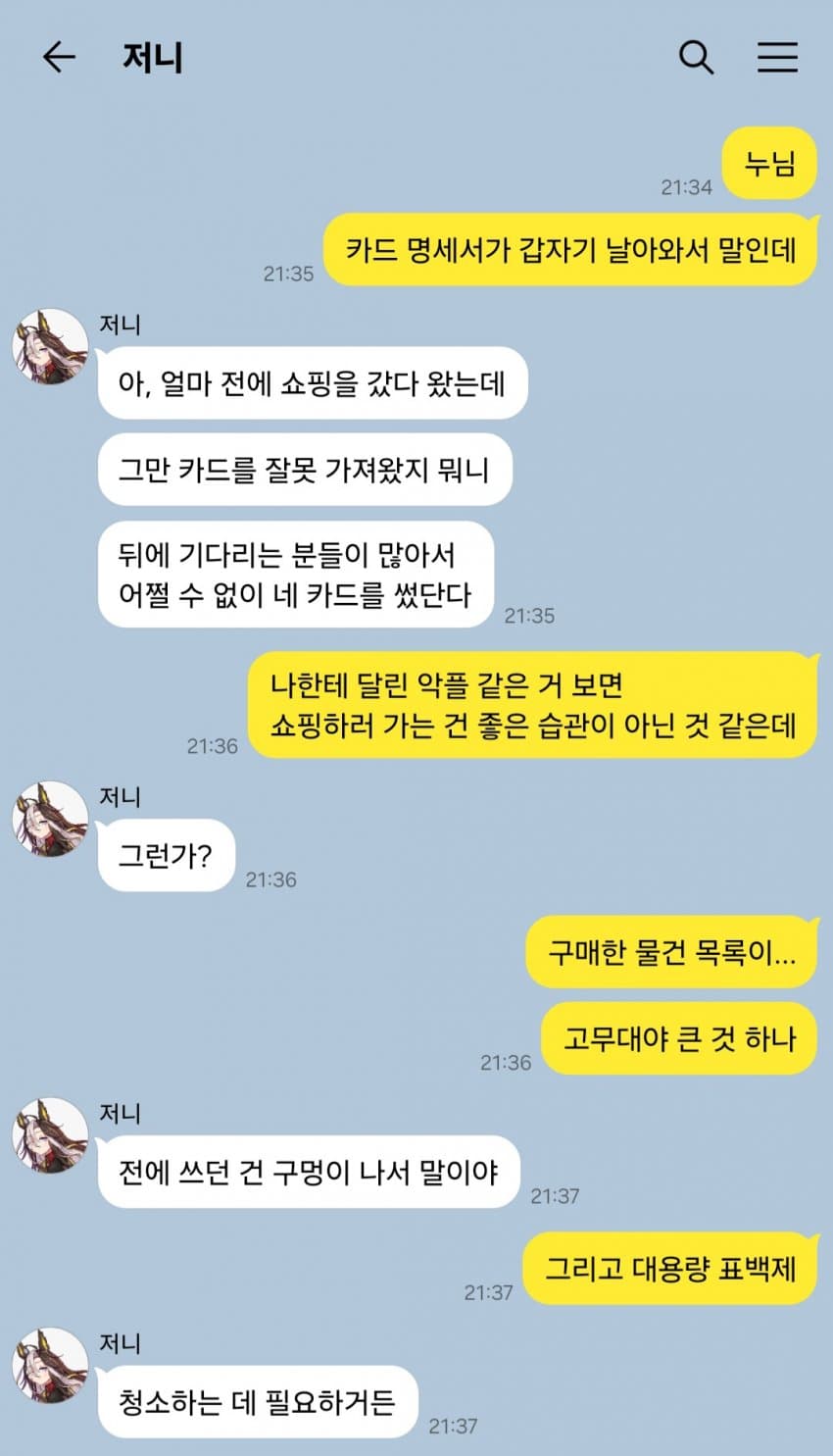 "내 카드로 쇼핑이라도 한 건가?"